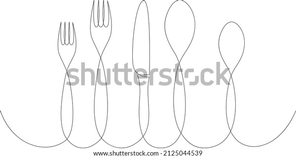 Continuous one line drawing of forks,\
knife, spoons. Eating utensils minimalist vector illustration.\
Black and white cooking utensils in line art\
style.