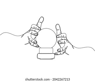 Continuous one line drawing of fortune teller reading future in ball icon in silhouette on a white background. Linear stylized.