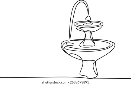 Continuous one line drawing of a fountain with flowing water, minimalist garden or public space illustration

