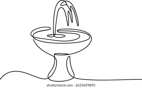 Continuous one line drawing of a fountain with flowing water, minimalist garden or public space illustration

