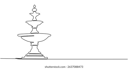 Continuous one line drawing of a fountain with flowing water, minimalist garden or public space illustration, Fountain one line continuous. Line art fountain. Hand drawn vector art, Fountain one line