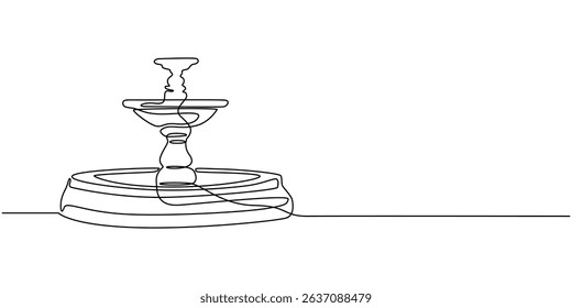 Continuous one line drawing of a fountain with flowing water, minimalist garden or public space illustration, Fountain one line continuous. Line art fountain. Hand drawn vector art, Fountain one line