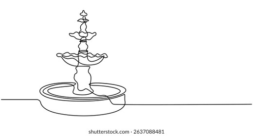 Continuous one line drawing of a fountain with flowing water, minimalist garden or public space illustration, Fountain one line continuous. Line art fountain. Hand drawn vector art, Fountain one line