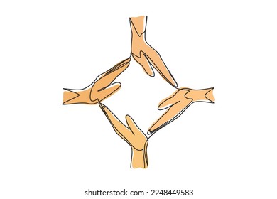 Continuous one line drawing four palm hands make square frame shape. Symbol of care, unity, sharing, trust. Communication with hand gestures. Single line draw design vector graphic illustration