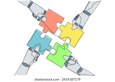 Continuous one line drawing four robot hands holding a puzzle piece each other. Doing teamwork to assemble puzzle pieces into one shape. Future AI tech. Single line draw design vector illustration