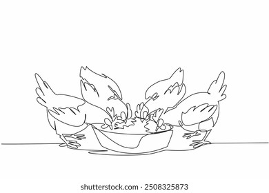 Continuous one line drawing four chickens eating animal feed from a container. Allowed to eat freely. The best feed for quality eggs. National Poultry Day. Single line draw design vector illustration