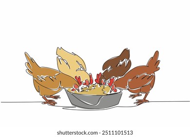 Uma linha contínua desenhando quatro frangos que comem ração animal de um recipiente. Pode comer livremente. A melhor alimentação para ovos de qualidade. Dia Nacional da Aves. Ilustração de vetor de design de desenho de linha única