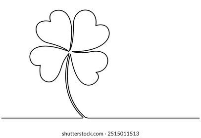 Continuous one line drawing of four leaf clovers. Isolated on white background vector illustration. Pro vector, Clover four-leaf in Continuous one line art drawing