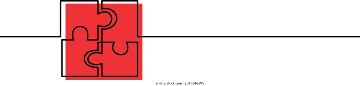 Desenho contínuo de uma linha de quatro peças do quebra-cabeça com sotaque vermelho