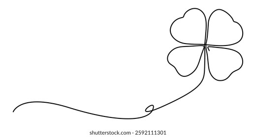 Continuous one line drawing of four leaf clovers. Isolated on white background vector illustration, Three leaves clover, Good luck floral symbol in simple linear style. Concept for web banner Saint.