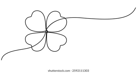 Continuous one line drawing of four leaf clovers. Isolated on white background vector illustration, Three leaves clover, Good luck floral symbol in simple linear style. Concept for web banner Saint.