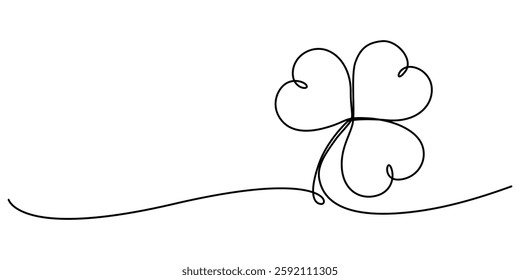 Continuous one line drawing of four leaf clovers. Isolated on white background vector illustration, Three leaves clover, Good luck floral symbol in simple linear style. Concept for web banner Saint.