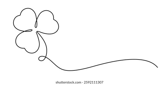 Continuous one line drawing of four leaf clovers. Isolated on white background vector illustration, Three leaves clover, Good luck floral symbol in simple linear style. Concept for web banner Saint.