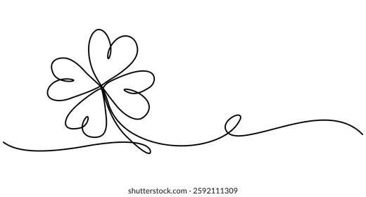 Continuous one line drawing of four leaf clovers. Isolated on white background vector illustration, Three leaves clover, Good luck floral symbol in simple linear style. Concept for web banner Saint.