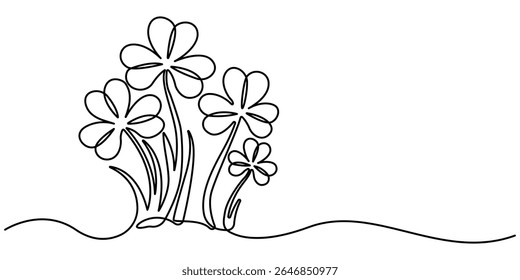 Continuous one line drawing of four leaf clovers. Isolated on white background vector illustration, Four leaf clover continuous one line drawing, Clover one line art vector illustration. 