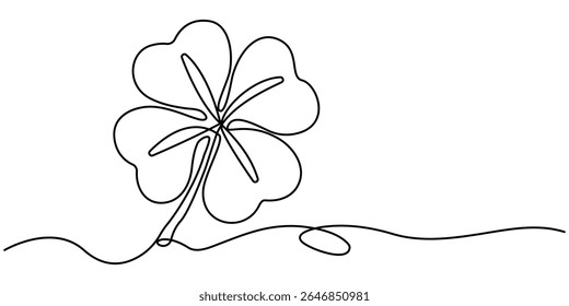 Continuous one line drawing of four leaf clovers. Isolated on white background vector illustration, Four leaf clover continuous one line drawing, Clover one line art vector illustration. 