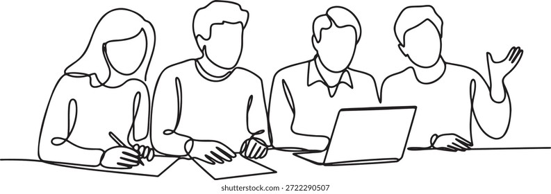 Kontinuierliche einzeilige Zeichnung von vier verschiedenen Geschäftsleuten. Zusammenarbeit mit Laptop und Dokumenten. Bürobesprechung zur Problemlösung. Gruppendiskussion und Teamarbeit für das Projekt. Arbeitsablauf.