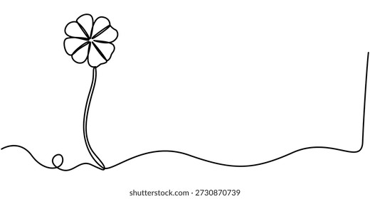 Kontinuierliche einzeilige Zeichnung von vier Blattklee. Einzeln auf weißem Hintergrund, Vektorgrafik, Drei Blätter Klee, Viel Glück Blumensymbol in einfach linear. 
