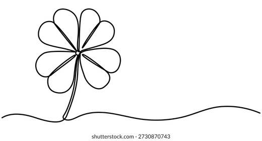 Kontinuierliche einzeilige Zeichnung von vier Blattklee. Einzeln auf weißem Hintergrund, Vektorgrafik, Drei Blätter Klee, Viel Glück Blumensymbol in einfach linear. 