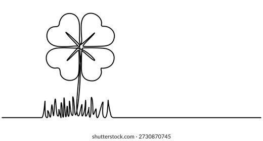 Kontinuierliche einzeilige Zeichnung von vier Blattklee. Einzeln auf weißem Hintergrund, Vektorgrafik, Drei Blätter Klee, Viel Glück Blumensymbol in einfach linear. 