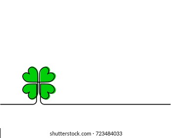 Continuous one line drawing of four leaf clover. Black thin line of lucky item, green clover flower isolated on white background. EPS10 vector illustration for banner, template,web, app, poster.