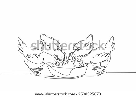 Continuous one line drawing four chickens eating animal feed from a container. Allowed to eat freely. The best feed for quality eggs. National Poultry Day. Single line draw design vector illustration