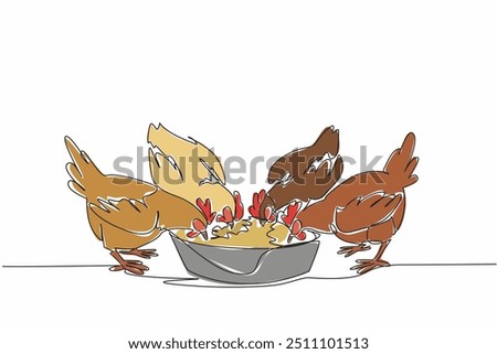 Continuous one line drawing four chickens eating animal feed from a container. Allowed to eat freely. The best feed for quality eggs. National Poultry Day. Single line draw design vector illustration
