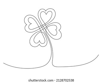 Continuous one line drawing of four-leaf clover. St. Patrick's day symbol. Vector illustration on isolated background.