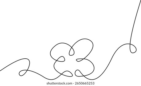 Continuous one line drawing of a four-leaf clover or simple flower. Minimalist concept for luck, nature, or St. Patrick's Day. Vector logo or icon isolated on a white background
