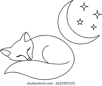 Continuous one line drawing of a fox sleeping under a crescent moon with stars, minimalistic and elegant style on white background


