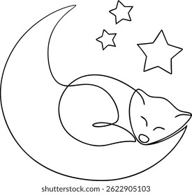 Continuous one line drawing of a fox sleeping under a crescent moon with stars, minimalistic and elegant style on white background

