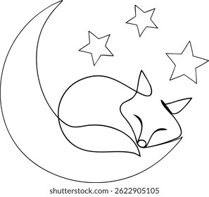 Continuous one line drawing of a fox sleeping under a crescent moon with stars, minimalistic and elegant style on white background

