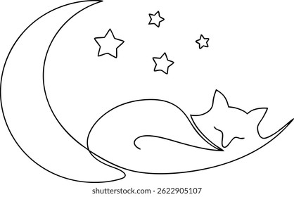 Continuous one line drawing of a fox sleeping under a crescent moon with stars, minimalistic and elegant style on white background

