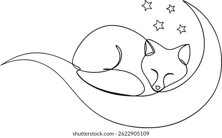 Continuous one line drawing of a fox sleeping under a crescent moon with stars, minimalistic and elegant style on white background

