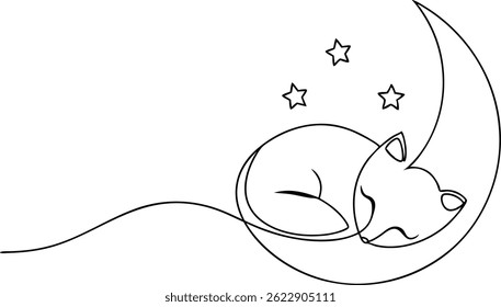 Continuous one line drawing of a fox sleeping under a crescent moon with stars, minimalistic and elegant style on white background

