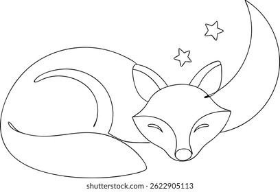 Continuous one line drawing of a fox sleeping under a crescent moon with stars, minimalistic and elegant style on white background

