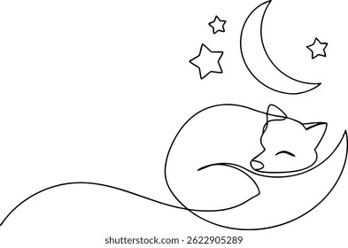 Continuous one line drawing of a fox sleeping under a crescent moon with stars, minimalistic and elegant style on white background

