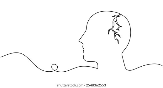 Continuous one line drawing of a fractured human face, representing inner psychological conflict or trauma.