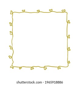 Continuous one line drawing of frame. Square  gold frame with little hearts. Vector illustration