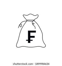 Continuous one line drawing a franc money bag. Vector illustration perfect for greeting cards, party invitations, posters, stickers, clothing. Silhouette of a money bag