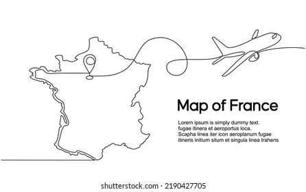 Continuous One Line Drawing Of France Domestic Aircraft Flight Routes. France Map Icon And Airplane Path Of Airplane Flight Route With Starting Point Location And Single Line Trail In Doodle Style.