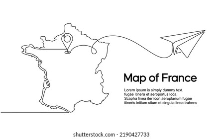 Continuous one line drawing of France domestic aircraft flight routes. France map icon and airplane path of airplane flight route with starting point location and single line trail in doodle style.