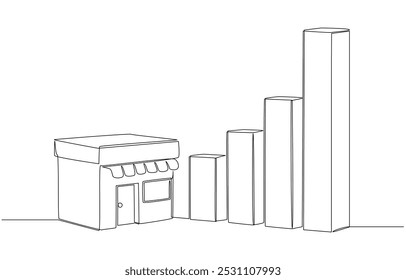 Desenho contínuo de uma linha de franquia loja e crescente gráfico de barras, crescimento de negócios através do conceito de expansão de franquia, arte de linha única.