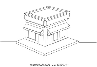 Continuous one line drawing of franchise shop building, single line art.