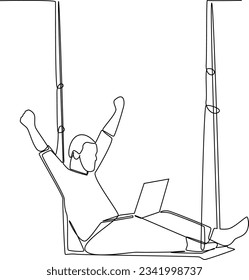 Continuous one line drawing of Freelancer working from home or beach at relaxed pace, convenient workplace concept. Doodle vector illustration.