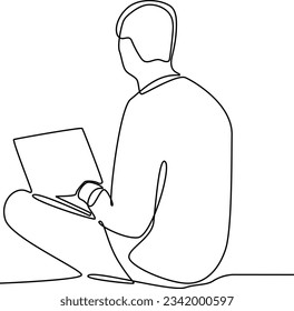 Continuous one line drawing of Freelancer working from home or beach at relaxed pace, convenient workplace concept. Doodle vector illustration.