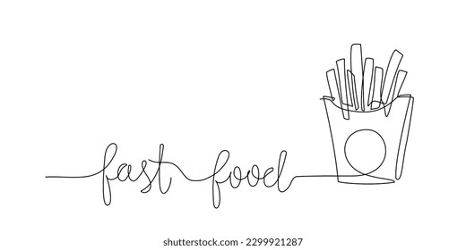 Continuous one line drawing of french fries with lettering. Single line drawing of fast food. Silhouette of street junk food for restaurant menu, logo poster, banner. Takeout street food linear sketch