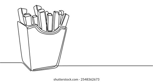 Continuous one line drawing of French fries in a cardboard container, representing a food and drink concept.