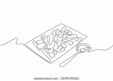 Continuous one line drawing french fries on a square wooden plate. Served with an aesthetic wooden spoon. Full of enjoyment. National Cheddar Fries Day. Single line draw design vector illustration