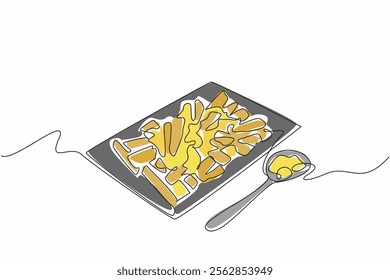 Continuous one line drawing french fries on a square wooden plate. Served with an aesthetic wooden spoon. Full of enjoyment. National Cheddar Fries Day. Single line draw design vector illustration